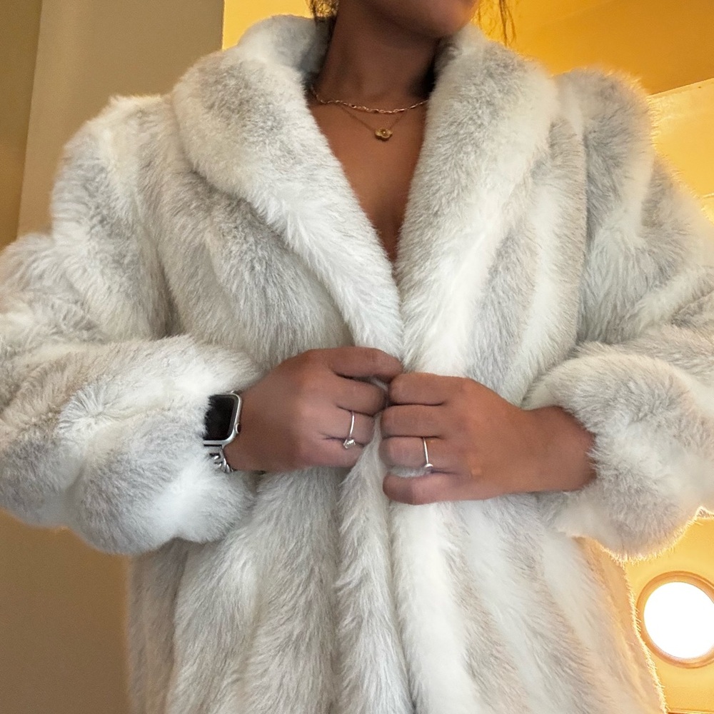 Jordache Faux Fur Peacoat in Light Gray and White